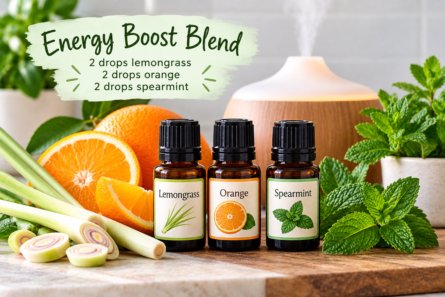Energy Boost diffuser blend with 2 drops each of lemongrass, orange, and spearmint essential oils