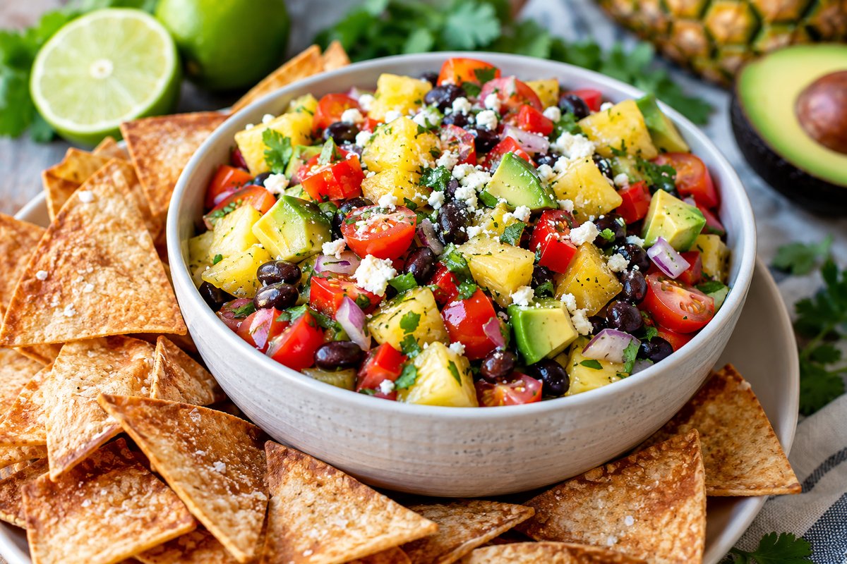Pineapple Avocado & Black Bean Salsa with Tortilla Chips